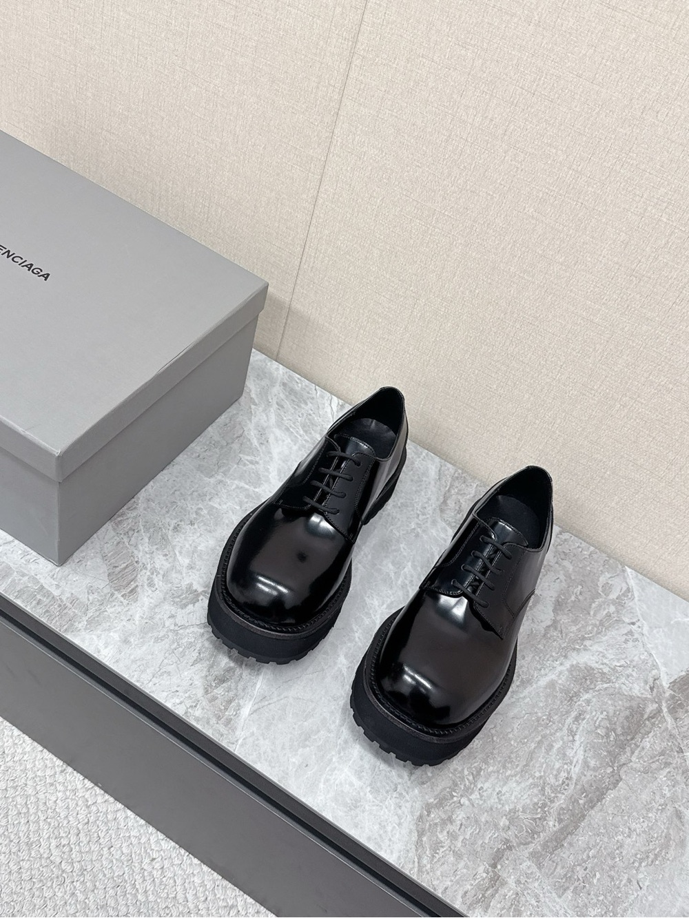 Balenciaga Black Gloss Leather Derby Shoes with Lug Sole